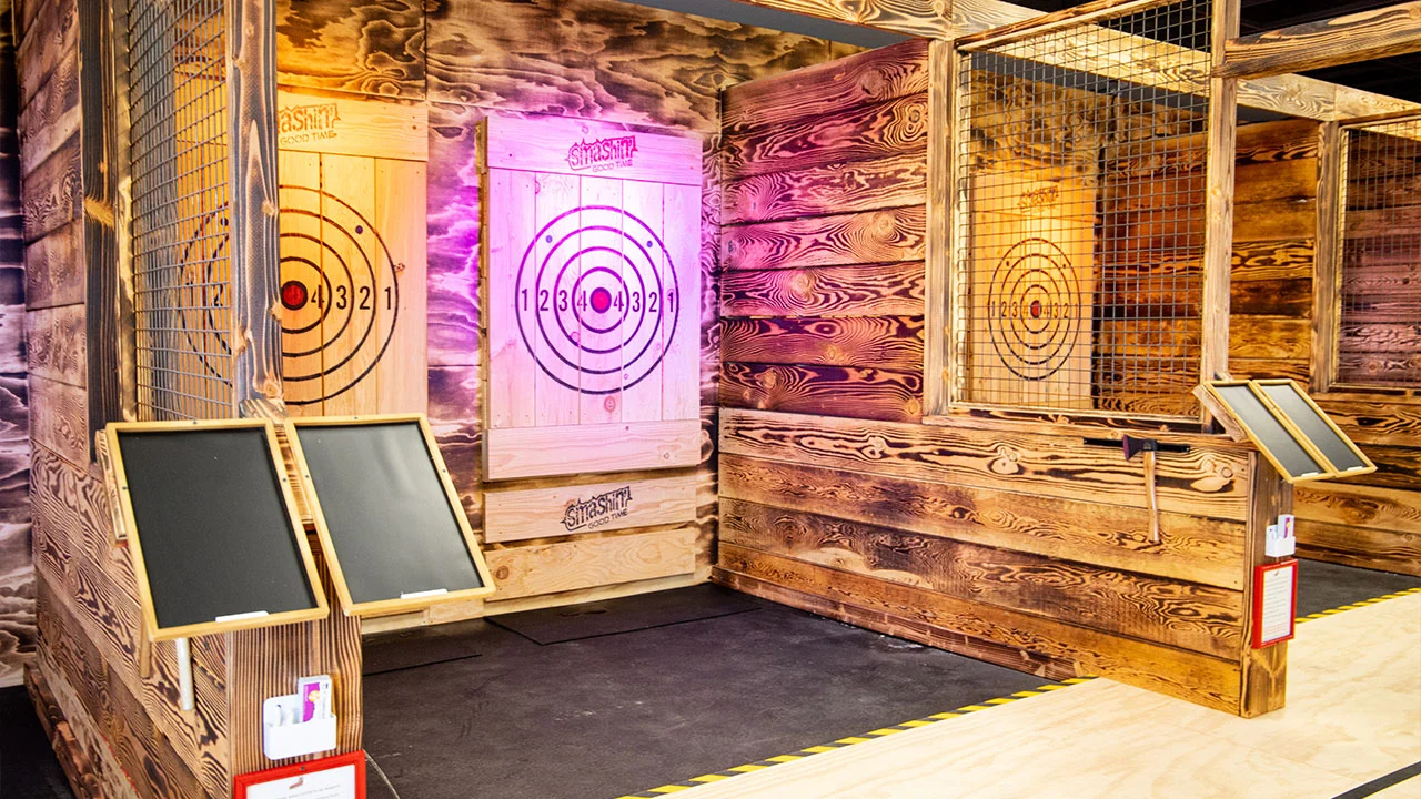custom axe throwing lanes installed by Cutting Edge at Smashin’ Good Time entertainment center custom axe throwing lanes installed by Cutting Edge at Smashin’ Good Time entertainment center